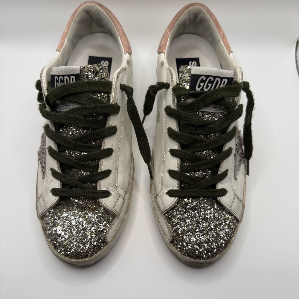Golden Goose White and Silver Glitter Sneakers